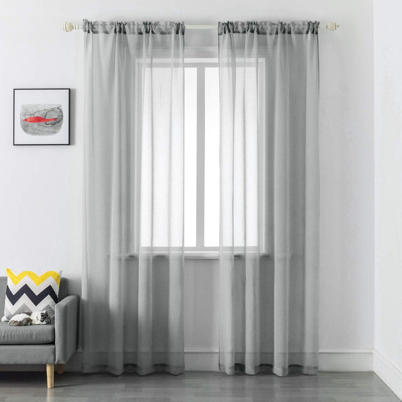 DUALIFE Grey Sheer Curtains 84 Inches LongFaux Linen Semi Sheer Curtain for Living Room Bedroom Bathroom Privacy Voile Light Filtering Window Curtains Gray 52 x 84 InchesSet of 2 Panels