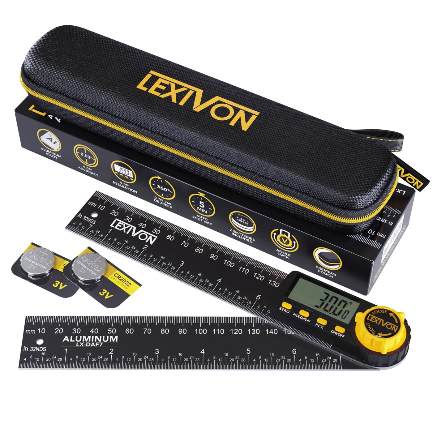 LEXIVON Aluminum Digital Angle Finder Gauge 7inch180mm MultiPurpose Protractor Includes XL Display and Rugged Zippered Pouch LXDAF7