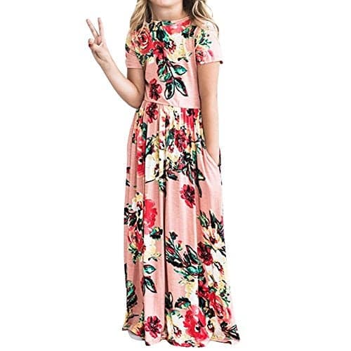 YIJODM Girls Pink Floral Maxi Dress, Short Sleeves, High Waist, Scoop Neck, Backless, Casual, Ages 5-12