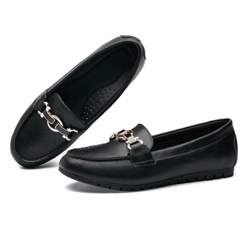 VERDASCO Women's Wide Loafers Shoes Cute Flats Shoes Moccasin Penny Loafers Slip On Work Shoes Casual Shoes Ladies Comfort Walking Shoes Leather Black 8W