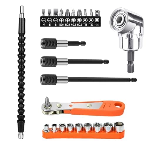 TECHTOO Screwdriver Soft Shafts with Drill Connection Drive Tip Kit Adaptor, 105 Degree Right Angle Drill Extension, 3 Pcs 1/4 Inch Hex Shank Bit Holder, Ratchet Screwdriver, 9 Hex Drive Socket Set