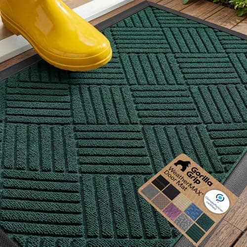 GORILLA GRIP 100 Waterproof AllSeason WeatherMAX Doormat US Designed Natural Rubber Stain and Fade Resistant Low Profile Indoor Outdoor Door Mats Easy Clean Patio Mat 29x17 Green Diamond