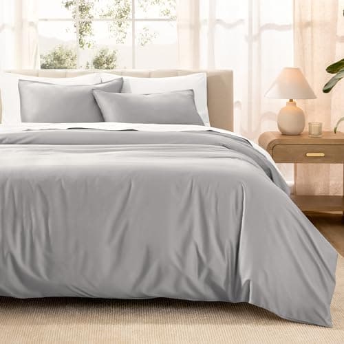 Bare Home 100 Organic Cotton Sateen Duvet Cover Set FullQueen Size 400 Thread Count Smooth Sateen Weave Warm Luxurious Duvet Cover FullQueen Light Grey