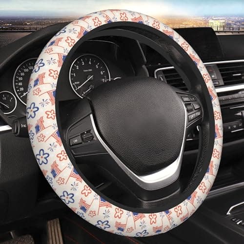 FJyuanqi American Flag Flower Floral Steering Wheel Cover Universal Car Interior Accessories for Women Men 15 Inch Anti Slip Breathable Odorless Neoprene Decor Car SUV Sedan Vans Truck Protector