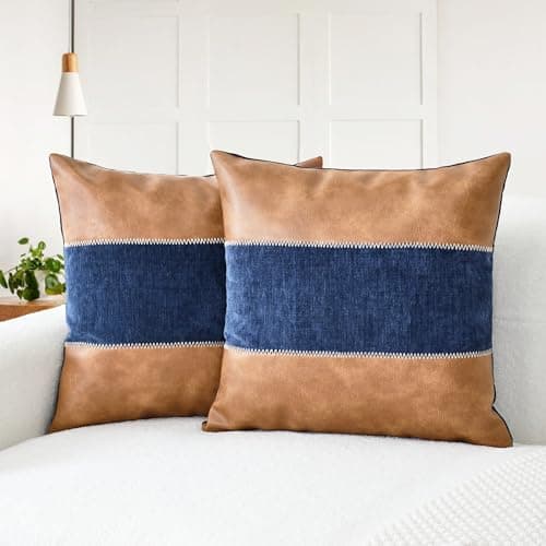 CaliTime Throw Pillow Covers Pack of 2 Soft Faux Leather Solid Dyed Chenille Cushion Cases for Couch Sofa Home Decoration 18 X 18 Inches Navy Blue Brown