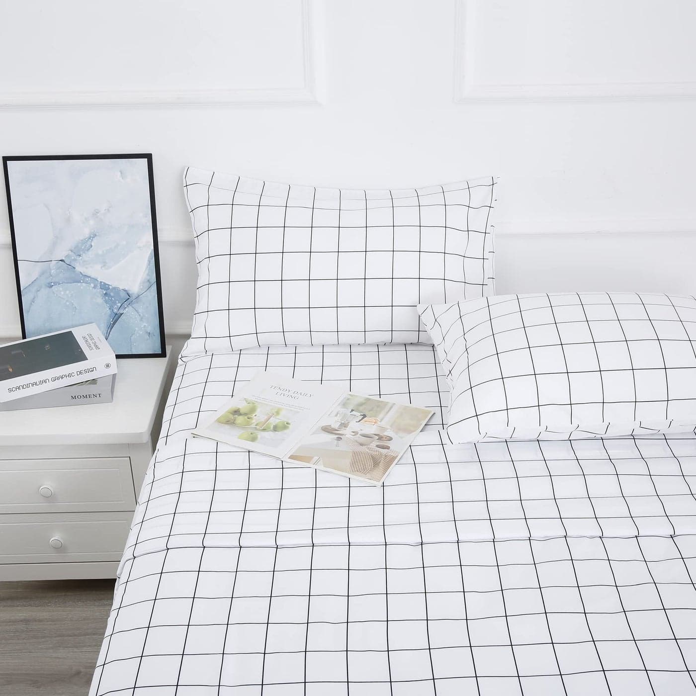 Printed Plaid Bed Sheet Set 4 Piece Full Size Breathable Super Soft Deep PocketStainFade Wrinkle Resistant Breathable Bedding Sheets Black Grid