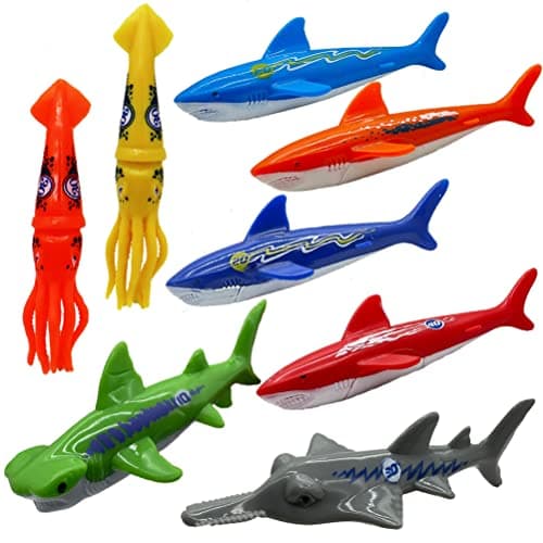 Haktoys Pool Dive Toy Set Underwater Torpedo Toys for Kids Practice Diving and Swimming Multicolor Sinking Sharks and Squids Set of 8 Pieces