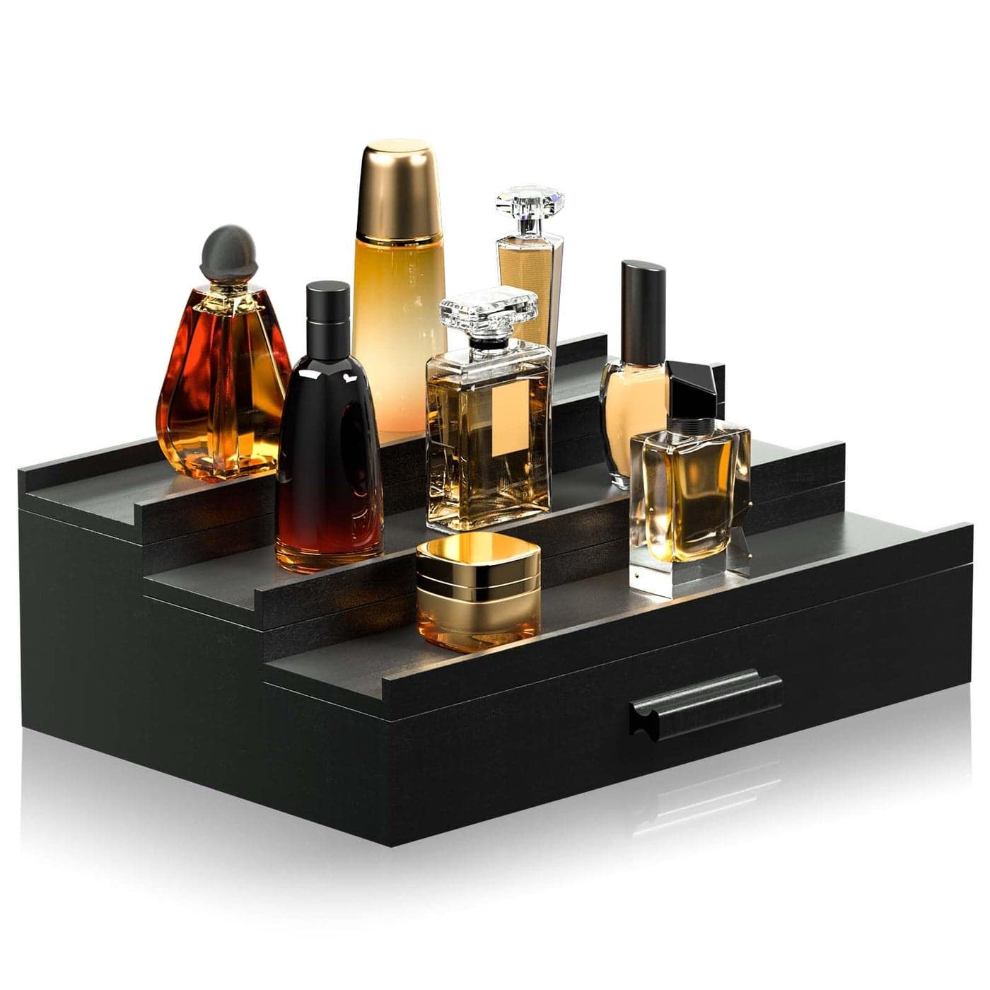 Sephyroth Cologne Organizer for Men 3 Tier of Elevated Cologne Display Shelf with Drawer Storage Perfume Organization and Storage Display RisersGreat Gift for ManBlack