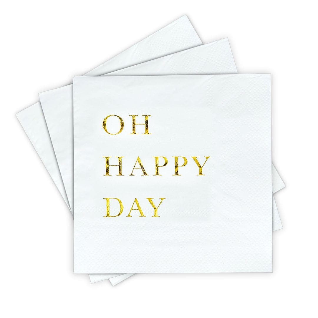 Oh Happy Day Cocktail Napkins Gold Foil 3Ply Disposable Napkins for Weddings Engagements Bridal Showers Baby Showers Birthdays Anniversaries Happy Celebrations