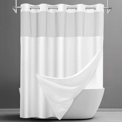 SORTTO No Hook Shower Curtain with Snap in Liner Set Waffle Shower Curtain for Bathroom Hotel Style Fabric Waterproof Inner Liner,71" W x 74" H, White