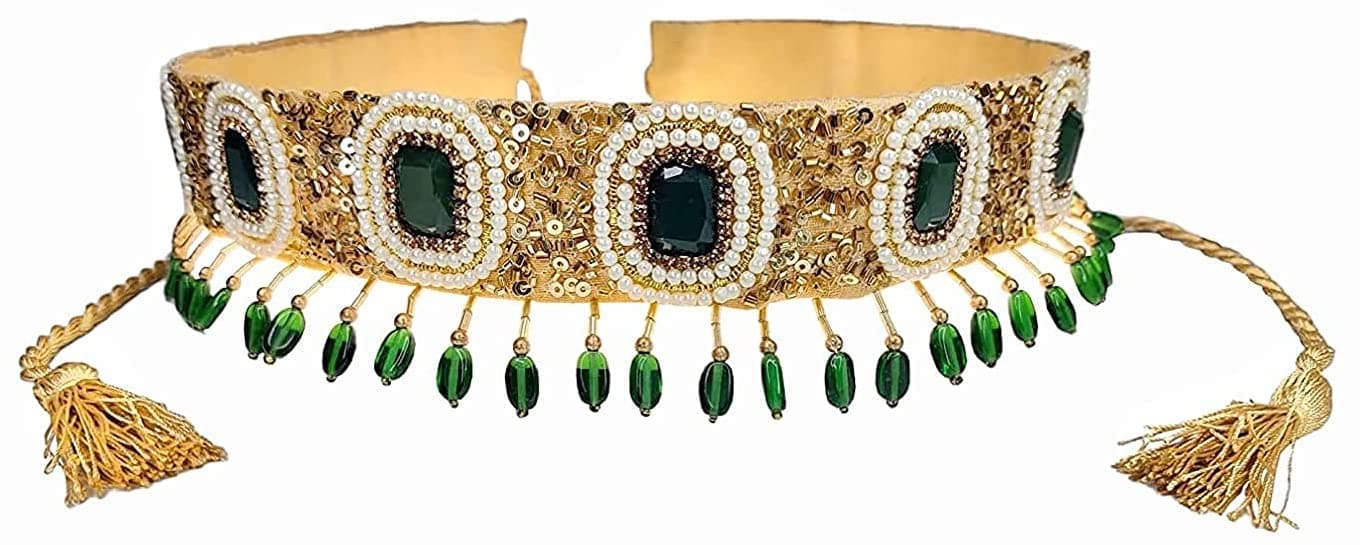 DUCHESS Green Golden Beaded Designer Tasselled Cloth Waist Saree Belt and Kamarbandh for Women (Green, 1)