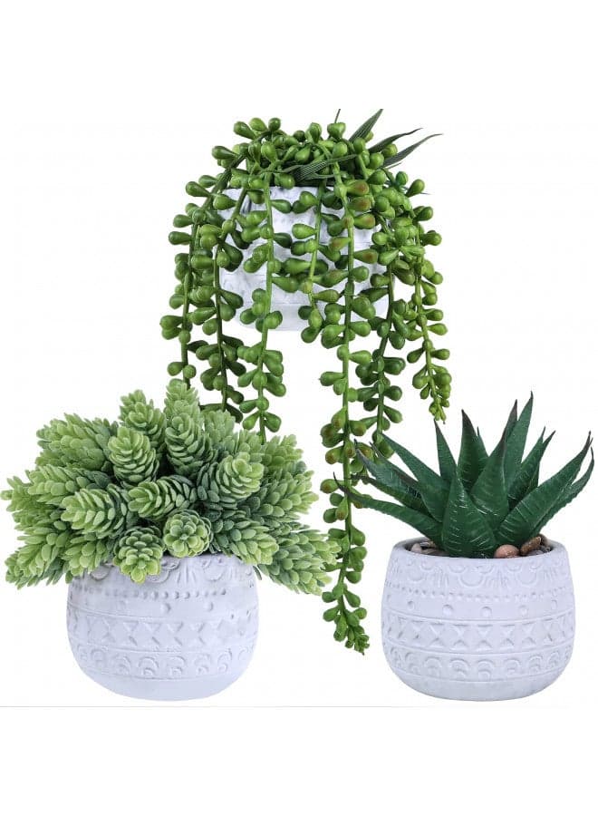 Winlyn 3 Pcs Assorted Small Potted Succulent Plants Artificial Aloe Hanging Succulent in White Geometric Concrete Ceramic Pots for Gift Party Wedding Favors Windowsill Table Shelf Indoor Outdoor Decor