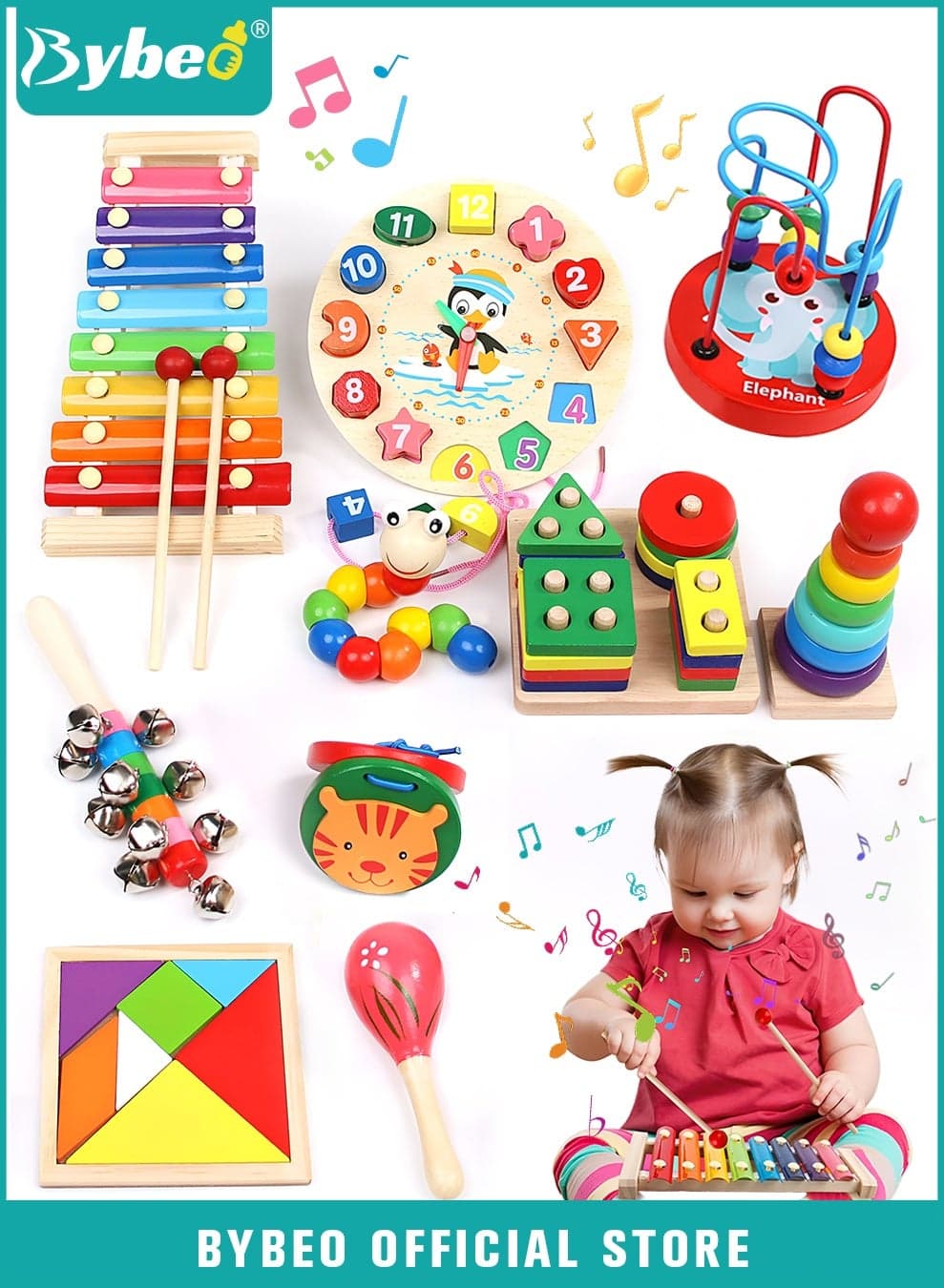 10 Pieces Montessori Toys for 1-3 Years Toddlers, Kids Wooden Toys, Wooden Sorting & Stacking Toys, Preschool Educational Toy for Children, Stacking Rings, Xylophone, Clock Bead Maze, Caterpillar