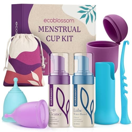 Ecoblossom Complete Menstrual Cup Kit Small Large Reusable Period Cups Silicone Sterilizer Holder Cleansing Wash WaterBased Lube and EasyInsert Disc Applicator All Inclusive Set