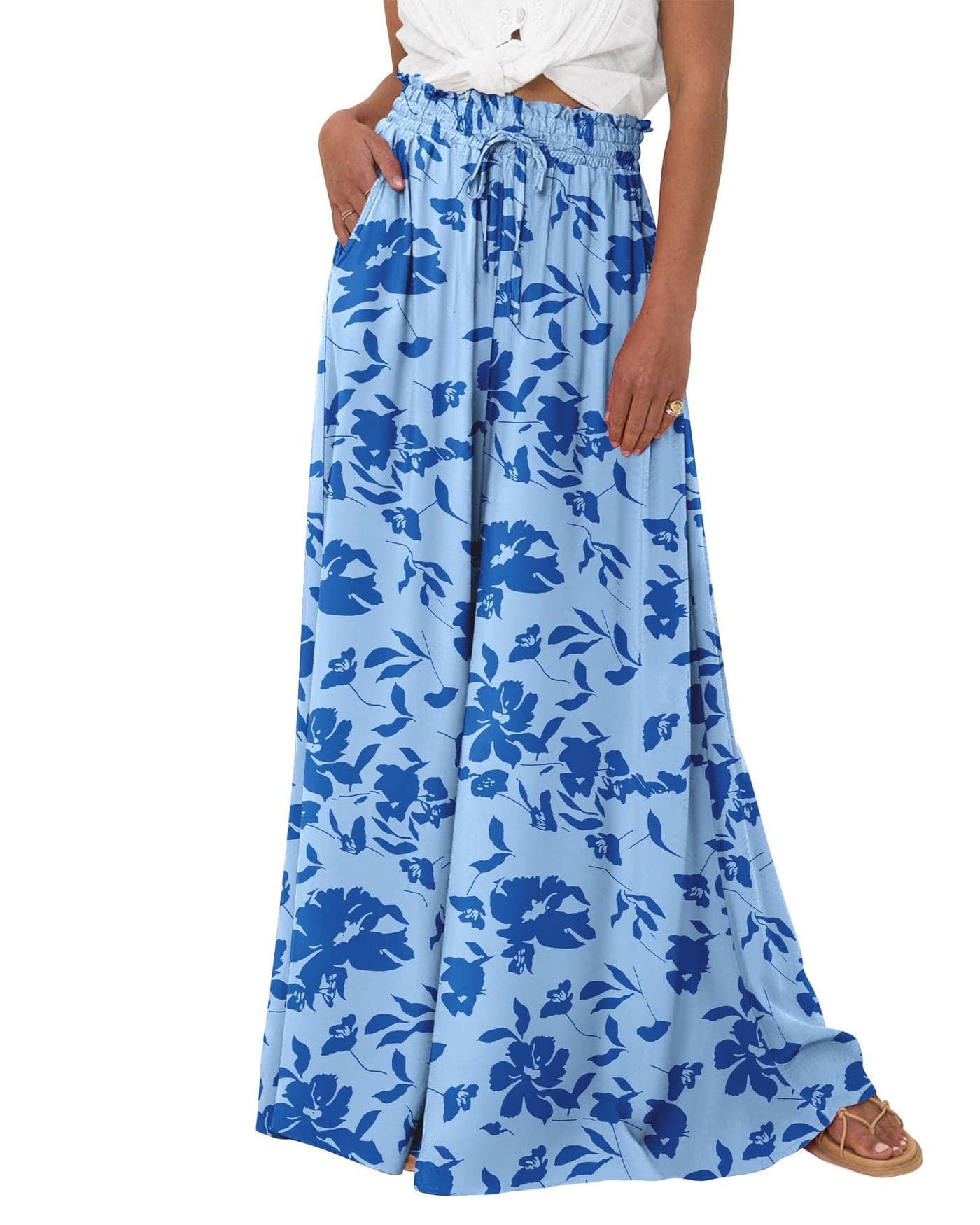 BTFBM Women Casual High Waist Wide Leg Pants 2025 Summer Fall Long Palazzo Pants Pocket Lounge Vacation Beach Trousers(Print Blue, Medium)