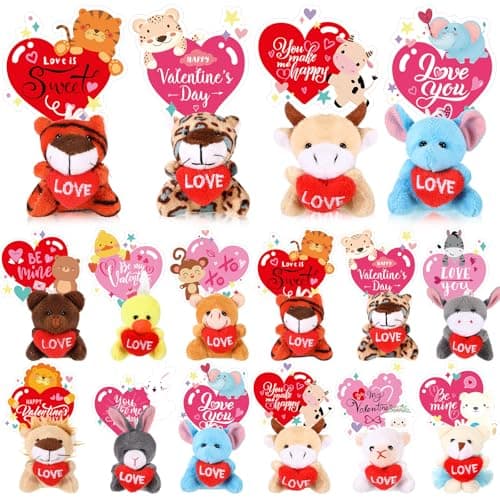Hollowfly 45 Set Valentine Plush Bulk Valentine Classroom Gifts for Kids Mini Stuffed Animals with Cards for Students Party Favors School Exchange Prize