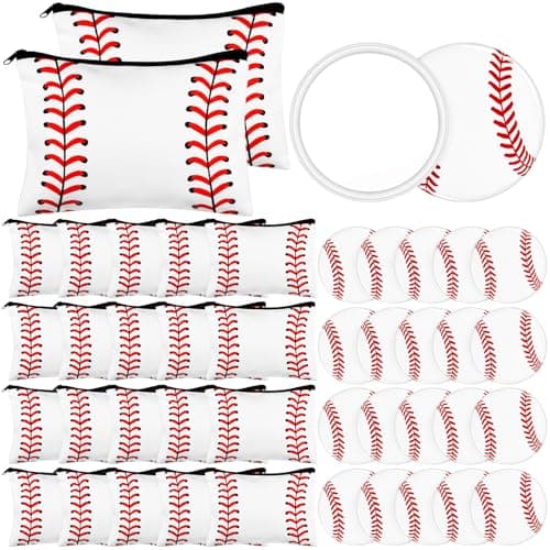 40PCS Baseball Cosmetic Bag Bulk Set 20 Canvas Toiletry Pouches 20 Compact Mirrors Baseball Team Gifts for Women Players Sports Party Favors for Baseball Lovers Travel Makeup Bag with Zipper