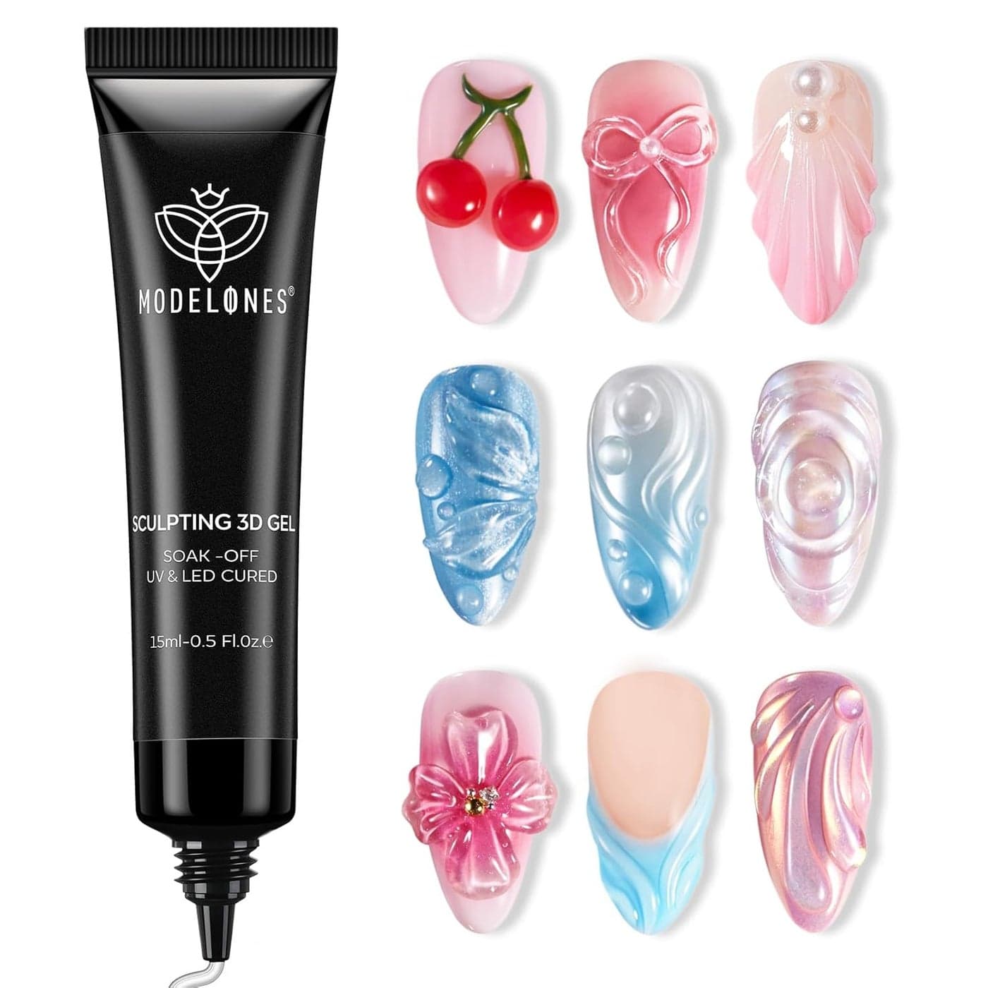 Modelones 3D Nail Gel Art Sculpting Gel Glue for Molding Drawing Nail Charms Gems Chrome Powder and Rhinestone Design No Wipe U V Light Cured Salon DIY Use