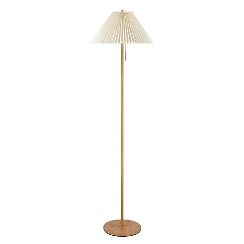 GLOBE Electric 61000053 62" Floor Lamp, Wood-Toned Finish, Pleated Fabric Shade, Pull Chain Switch, Reading Light, E26 Base, Modern Classic Lighting for Living Rooms and Bedrooms
