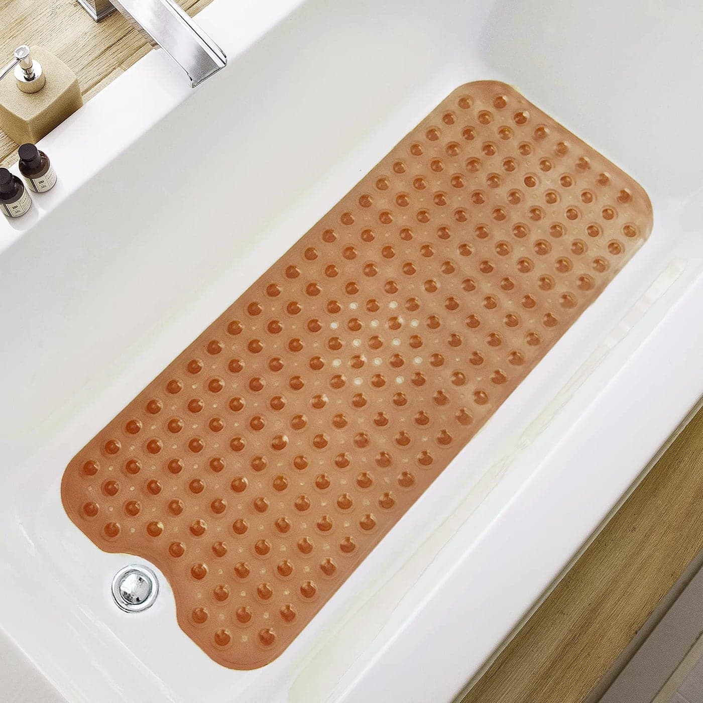 TEESHLY Bathtub Mats for Shower Tub Extra Long NonSlip 39 x 16 Inch Bath Mat with Drain Holes and Suction Cups BathMat for Bathroom with Machine Washable Clear Brown