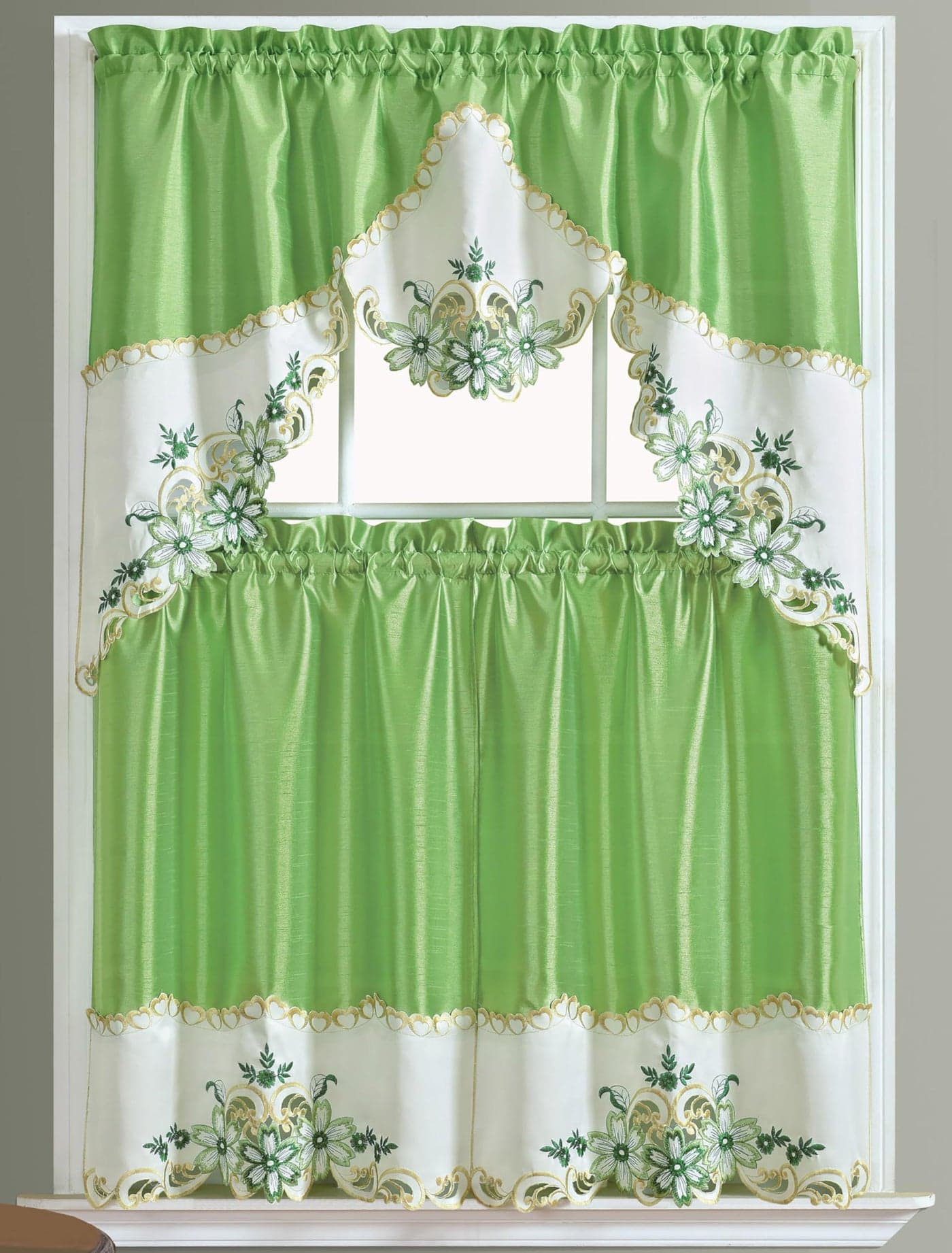 GOHD Arch Floral Kitchen Curtain SetSwag Valance Tier Set Nice Matching Color Floral Embroidery on Border with cutworks Wine
