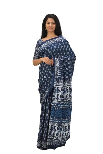 JALTHER Handicrafts Women's Ikat Hand Block Print Jaipuri Cotton Mulmul Saree with Blouse Piece - Blue_36