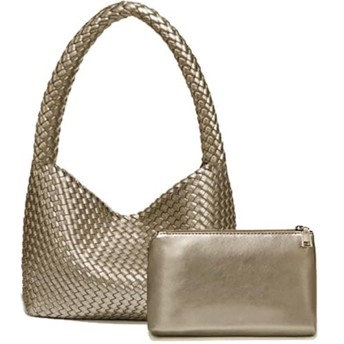 Fashion Designer Handbags and Purses Women Shoulder Bag Casual Versatile Hand Woven Shopping Totes Ladies Underarm Bags (Gold)