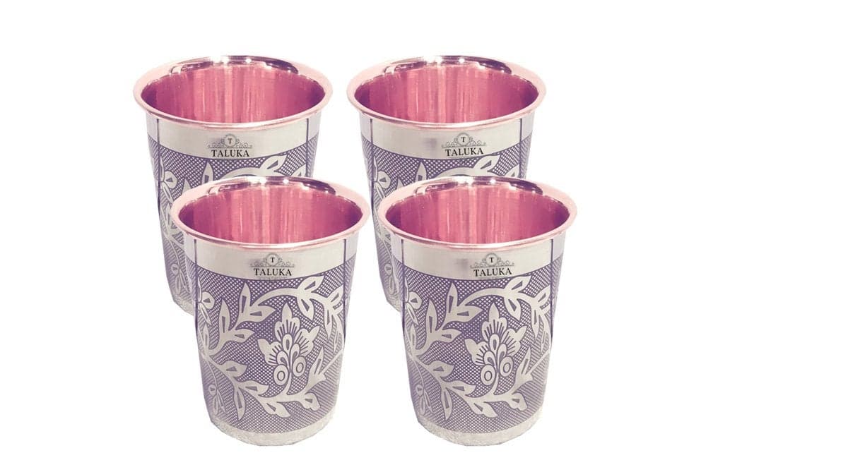 Taluka Etching Embossed Steel Copper Glass Tumbler Cup 250 Ml Silver Set of 4
