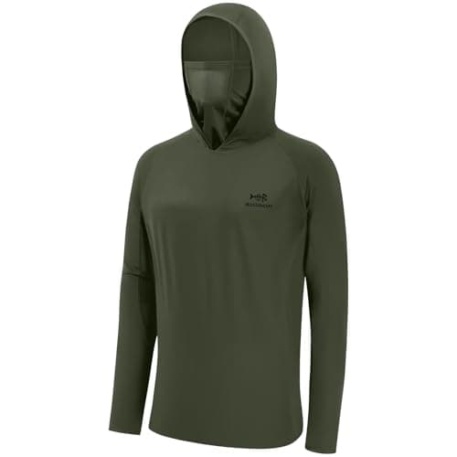 BASSDASH UPF 50+ Men’s Long Sleeve Fishing Shirt with Mask UV Neck Gaiter Hoodie Olive Green