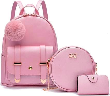 floki Fashion Girls 3-PCS Fashion Cute Mini Leather Backpack sling & pouch set for Women/gift for girl (baby pink)