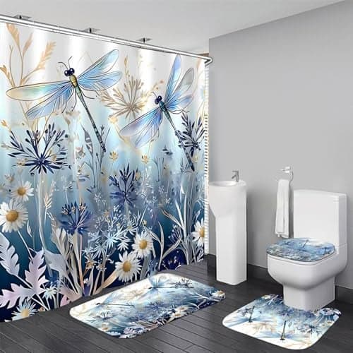 DDQQ 4Pcs Blue Flower Dragonfly Shower Curtain Set with Rugs Floral Plant Neutral Bathroom Decor Set Waterproof Bathtub with Carpet Bath Mat Toilet