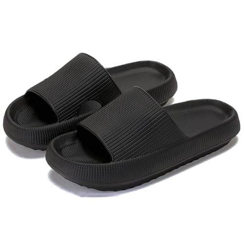 rosyclo Pillow Slipers for and Men, EVA Flat Clouds Massage Shower Bedroom Non Slip Quick Drying Open Toe Super Soft Comfy Thick Sole Puffy Bath Sliders Sandalias, Black