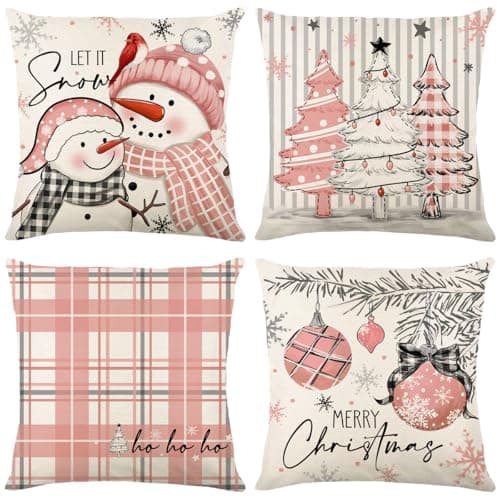 LITIVY Christmas Pillow Covers Set of 4 for Xmas Decorative Pillowcase Winter Holiday Throw Cushion Case for Home Christmas Decor Snowman Xmas Tree Pink 18x18