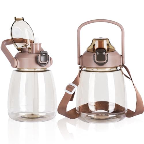 YOBOKO 1.1L Large Water Bottle Lovely Wide Mouth Drink Bottle with Handle Leak Proof Big Bottle with Straw and Strap for Sports (1PC, Coffee)