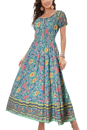 OSTOO Women's 2025 Summer Short Sleeves Boho Floral Print Tiered Casual Flowy Long Maxi Dress(Green,M)