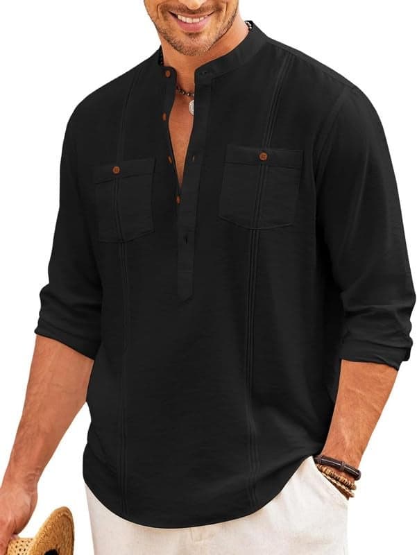 Macsivo Cotton Blend Solid Casual Short Kurta for Men Long Sleeve Mandarin Collar Stylish Shirt Kurta for Men Black