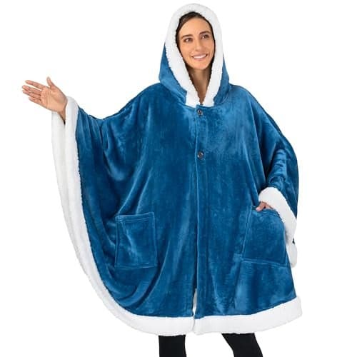 PAVILIA Wearable Blanket for Adult Women Cozy Plush Fleece Blanket Poncho Cape with Hood Super Soft Shawl Angel Wrap Throw for Office Turquoise Sea Blue