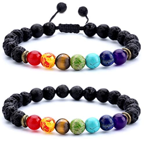 Hamoery Men Women 8mm Lava Rock Chakra Beads Bracelet Set Gifts for Friends Braided Rope Natural Stone Yoga Bracelet Bangle (Set 1)