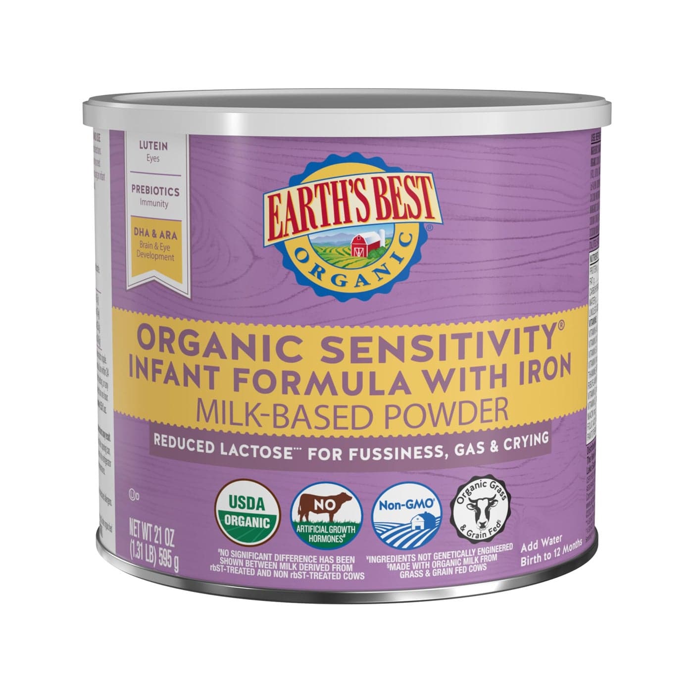 Earth's Best Organic Sensitive Baby Formula for Babies 0-12 Months, Reduced Lactose Powdered Infant Formula with Iron, Omega-3 DHA, and Omega-6 ARA, 21 oz Formula Container