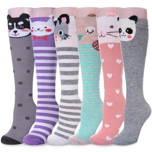 Color City Girls Knee High Kids Long Boot Socks Cozy Fun Animal Warm Cotton Socks (6 Pairs Animal