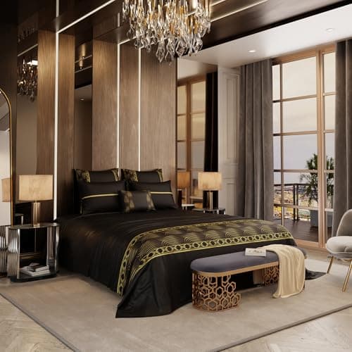 Stoa Paris 300TC UltraSatin Super Size 6 Piece Bedding Set, 274cm x 274cm Ideal for King & Double Bed, Gentle on Skin & Hair, Fade & Wrinkle Resistant, Quick Dry, Crown of Versailles - Black