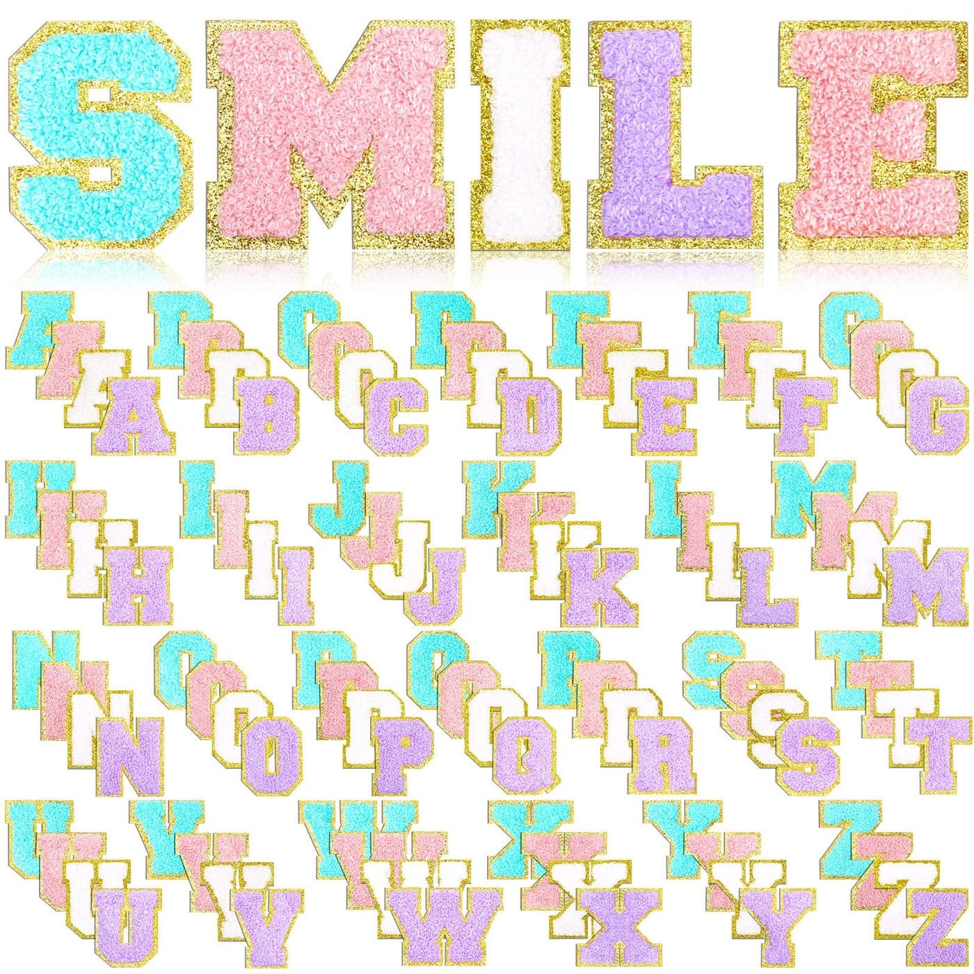 Jutom 104 Pcs Chenille Letter Patches Iron on Letters Patches Self Adhesive Chenille Embroidered Patch for ClothingClassicPink Sky Blue