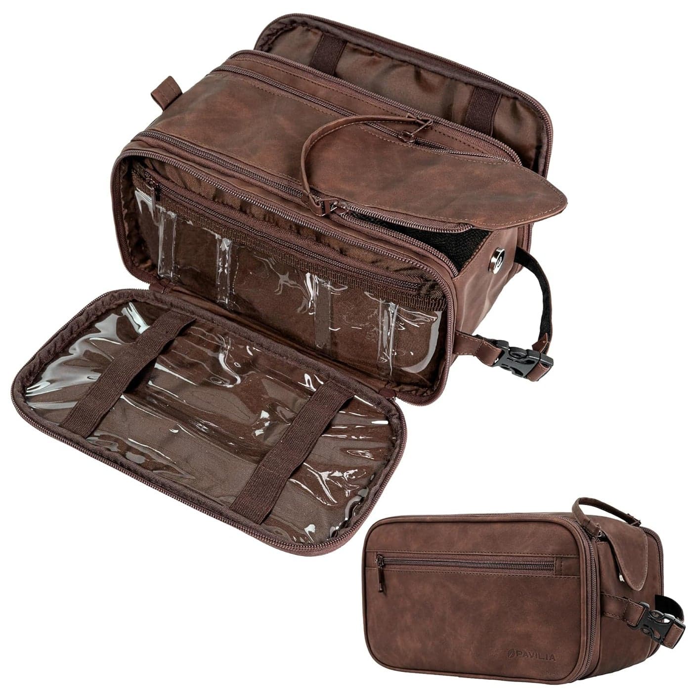 PAVILIA Toiletry Bag for Men Women, Mens Travel Bag Toiletries Organizer Case for Grooming, Travel Essentials Shaving Dopp Kit, PU Leather Water Resistant Cosmetic Pouch, Dark Brown