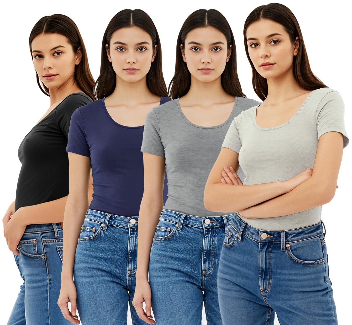 Emmalise Women's Short Sleeve Tshirt Scoop Neck Tee Value Set (4Pk, Bk, NVY, HGry, Oat, Large)
