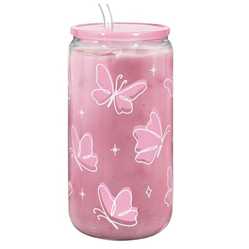 SANDJEST Butterfly 16 Oz Can Glass Tumbler with Acrylic Lid and Straw - Iced Coffee Cups for Women, Aesthetic Glass Cup Gift for Birthday Christmas