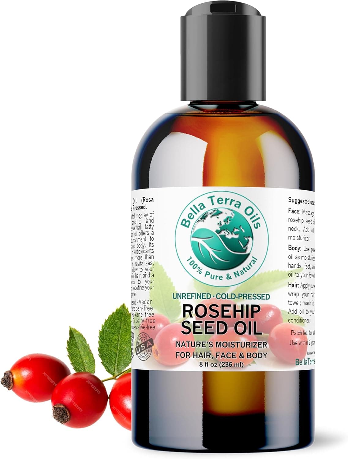 Bella Terra Oils Organic Rosehip Facial Oil 8 oz Dive into Organic Rosehips Essential Fatty Acids Antioxidants Infused with Vitamin F Elevate Daily Face Rituals
