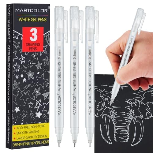 MARTCOLOR White Gel Pens 05mm Extra Fine Point Opaque Archival Ink Pen for Black Paper Drawing Art Highlight Illustration Bullet Journaling Card Making DIY Projects 3 Pack