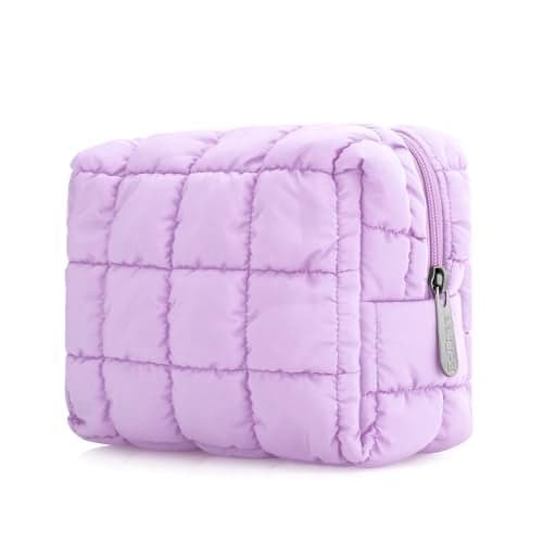 E-Tree Cute Makeup Bag,Quilted Cosmetic Bag for Women,Make up Pouch for Purse,Toiletry Zipper Pouch,Checkered Bag,Travel Case,Storage Pouches for Organization (Purple)