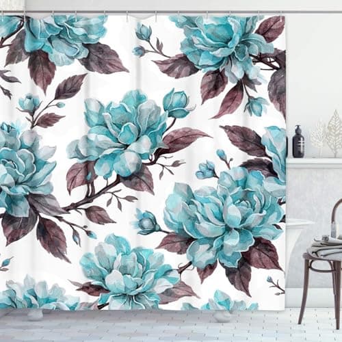 Emvency Aqua Shower Curtain Blue Flower Floral Teal Pattern with Roses Watercolor Colorful Abstract Arrangement Black Bathroom Home Decor Waterproof Polyester Fabric 72 x 72 inches Set with Hooks