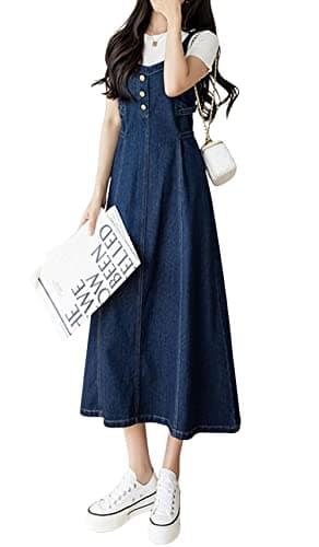 CHARTOU Women's Elegant Straps Back Smocked A-Line Long Skirt Denim Overall Pinafore Dress (Medium, Blue)